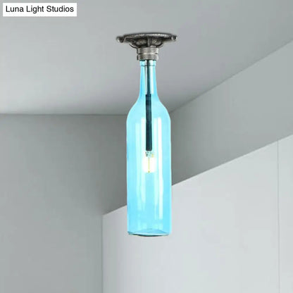 DecorBites™ DecorBites™ Rustic Semi Flush Bottle Glass Ceiling Light Fixture with Brown/Blue Shades for Corridor