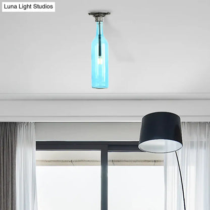 DecorBites™ DecorBites™ Rustic Semi Flush Bottle Glass Ceiling Light Fixture with Brown/Blue Shades for Corridor