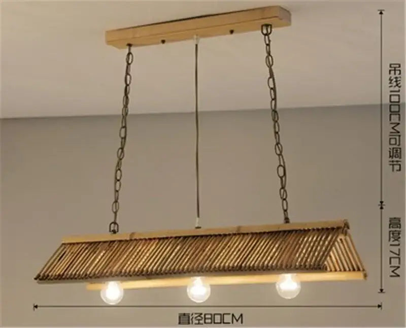 Rectangular decorbites bamboo pendant chandelier with three exposed bulbs and wooden top bar for kitchen lighting decor