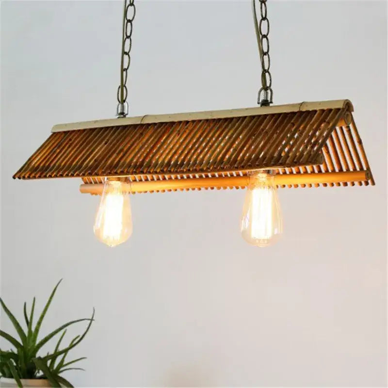 Rustic slatted wood bamboo pendant chandelier with woven bamboo roof and two edison bulbs decorbites bamboo pendant