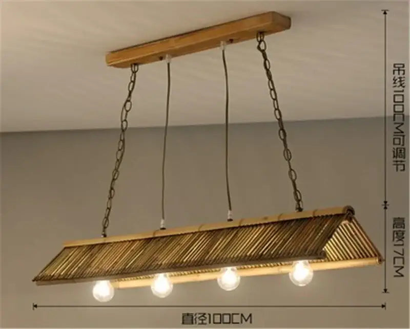 Rustic slatted wood bamboo pendant chandelier with wooden frame and four exposed bulbs for kitchen lighting decorbites bamboo pendant