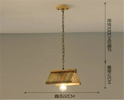 Rustic slatted wood bamboo pendant chandelier with exposed bulb and dark metal chain by decorbites bamboo pendant chandelier