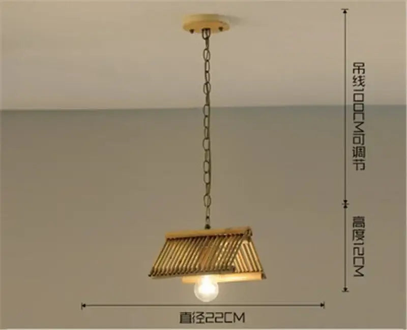 Rustic slatted wood bamboo pendant chandelier with exposed bulb and dark metal chain by decorbites bamboo pendant chandelier