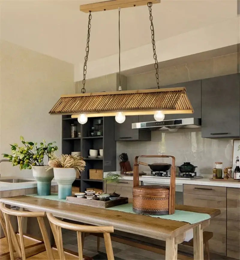 Rustic slatted wood bamboo pendant chandelier with woven bamboo shade and exposed bulbs by decorbites bamboo pendant