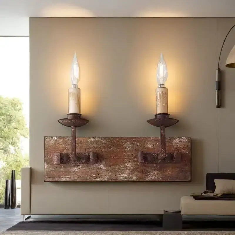 Rustic solid wood wall light with two candle-style bulbs ideal for bedroom decorbites country retro sconce