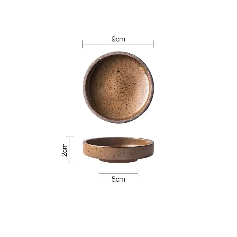 Rustic speckled brown ceramic sauce dish with a slightly raised rim, 9cm diameter for decorbites ceramic sauce use