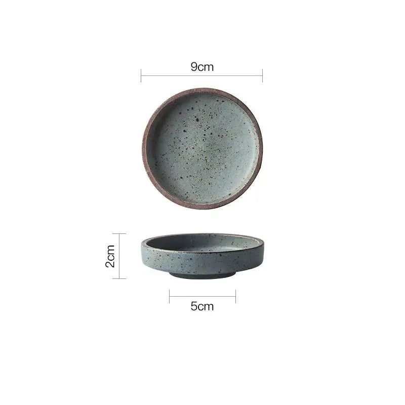 Rustic speckled ceramic sauce dishes with gray glaze and earthy brown rim for decorbites ceramic sauce use