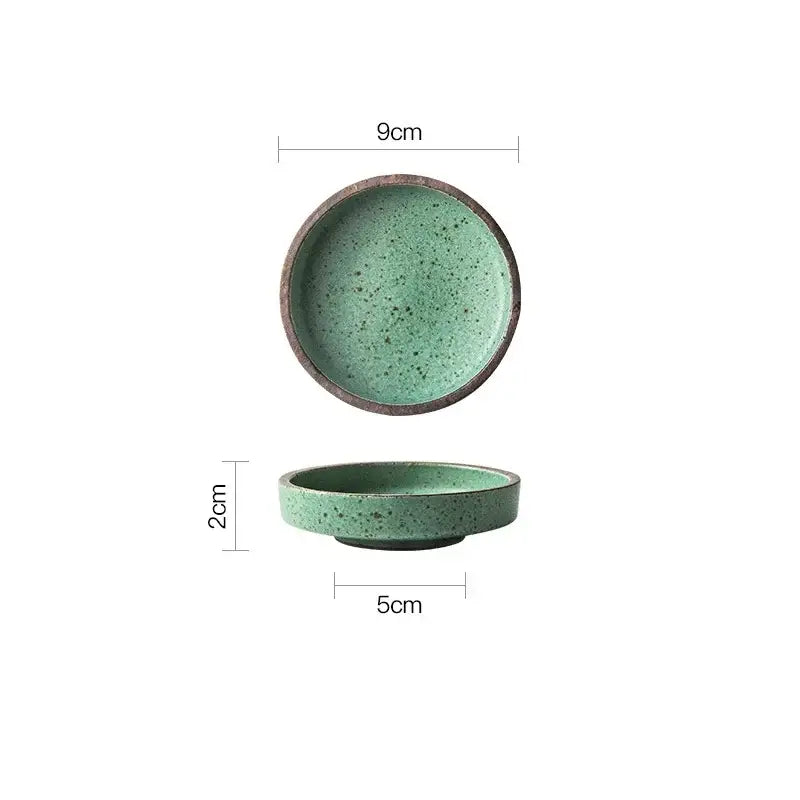 Small speckled green ceramic sauce dish with dark brown rim and shallow depth by decorbites ceramic sauce dishes