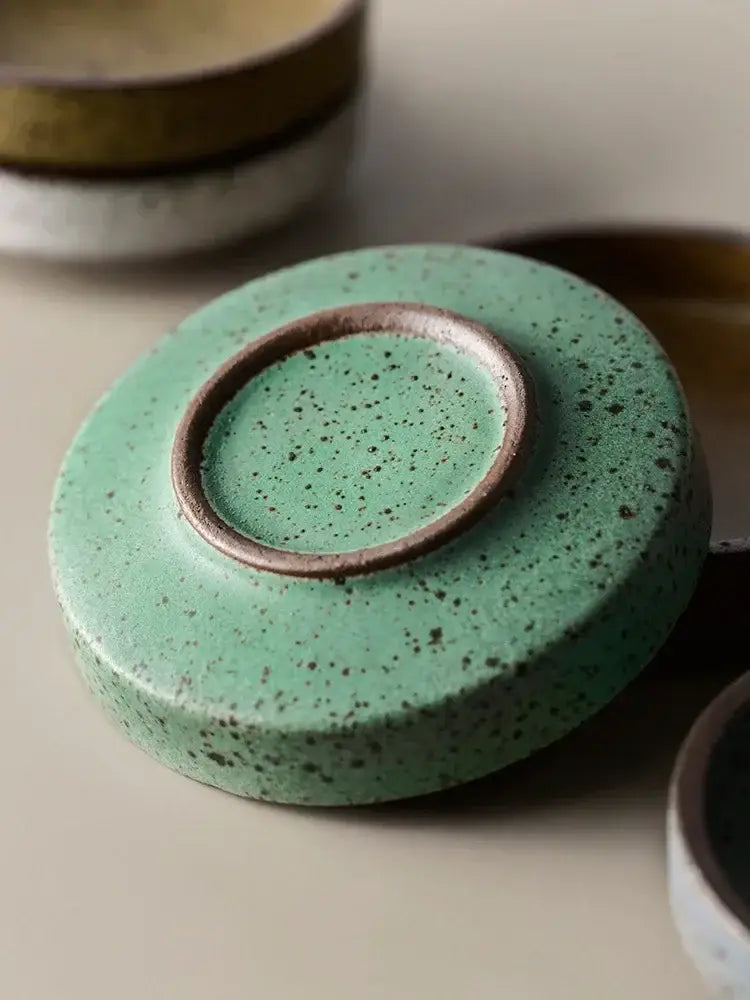 Rustic speckled ceramic sauce dish in mint green with a brown rim ideal for dining room and snack use decorbites ceramic sauce