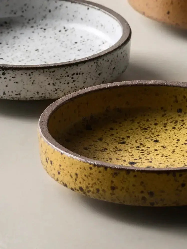 Yellow speckled ceramic sauce dish with dark brown rim from decorbites ceramic sauce dining room snack plates
