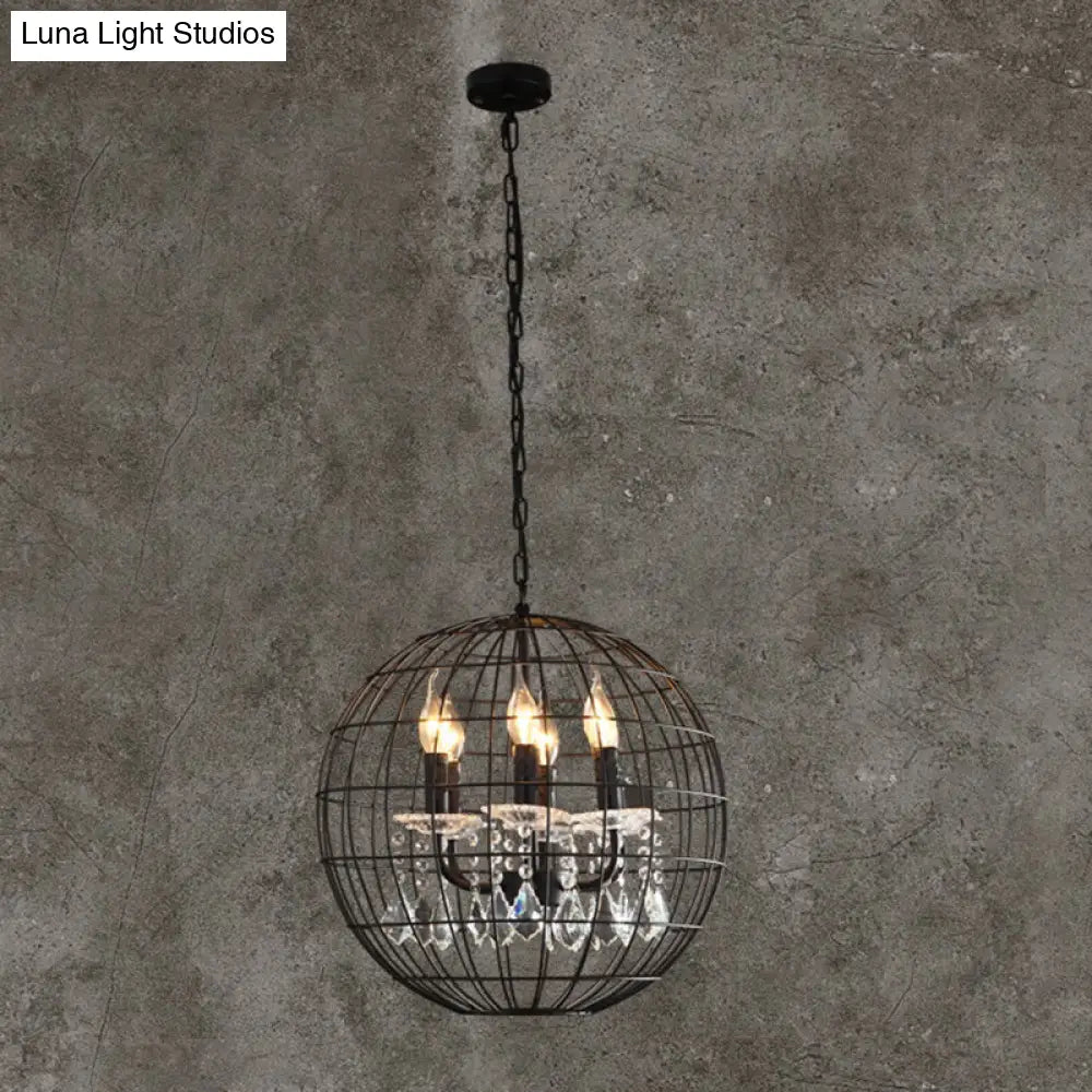 Rustic Spherical Wire Cage Iron Pendant Chandelier with Crystal Drops in Black- Perfect for Restaurants