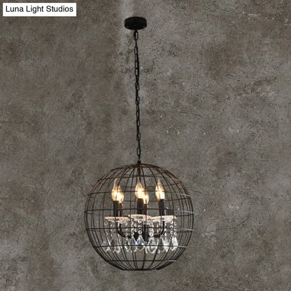 Rustic Spherical Wire Cage Iron Pendant Chandelier with Crystal Drops in Black- Perfect for Restaurants