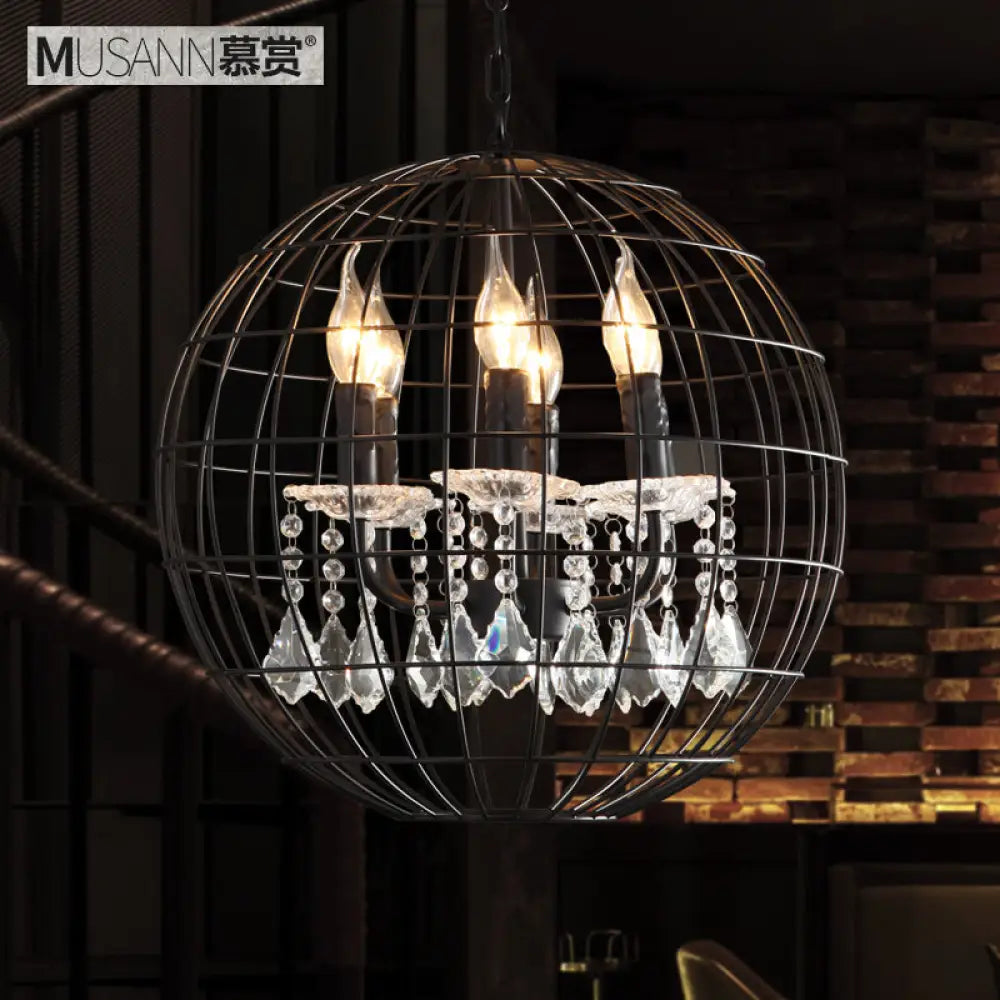 Rustic Spherical Wire Cage Iron Pendant Chandelier with Crystal Drops in Black- Perfect for Restaurants