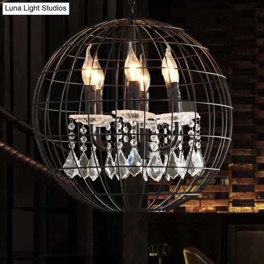 Rustic Spherical Wire Cage Iron Pendant Chandelier with Crystal Drops in Black- Perfect for Restaurants