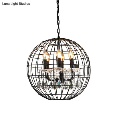 Rustic Spherical Wire Cage Iron Pendant Chandelier with Crystal Drops in Black- Perfect for Restaurants