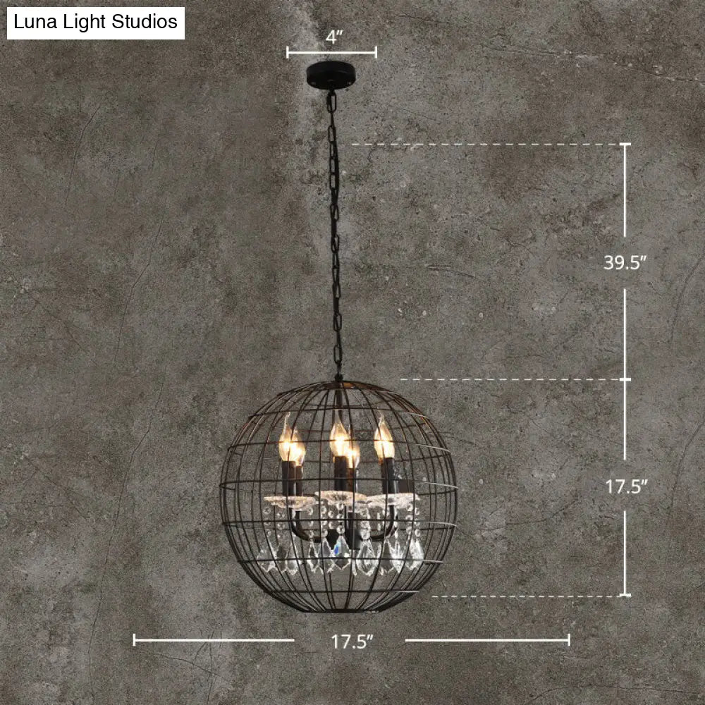 Rustic Spherical Wire Cage Iron Pendant Chandelier with Crystal Drops in Black- Perfect for Restaurants