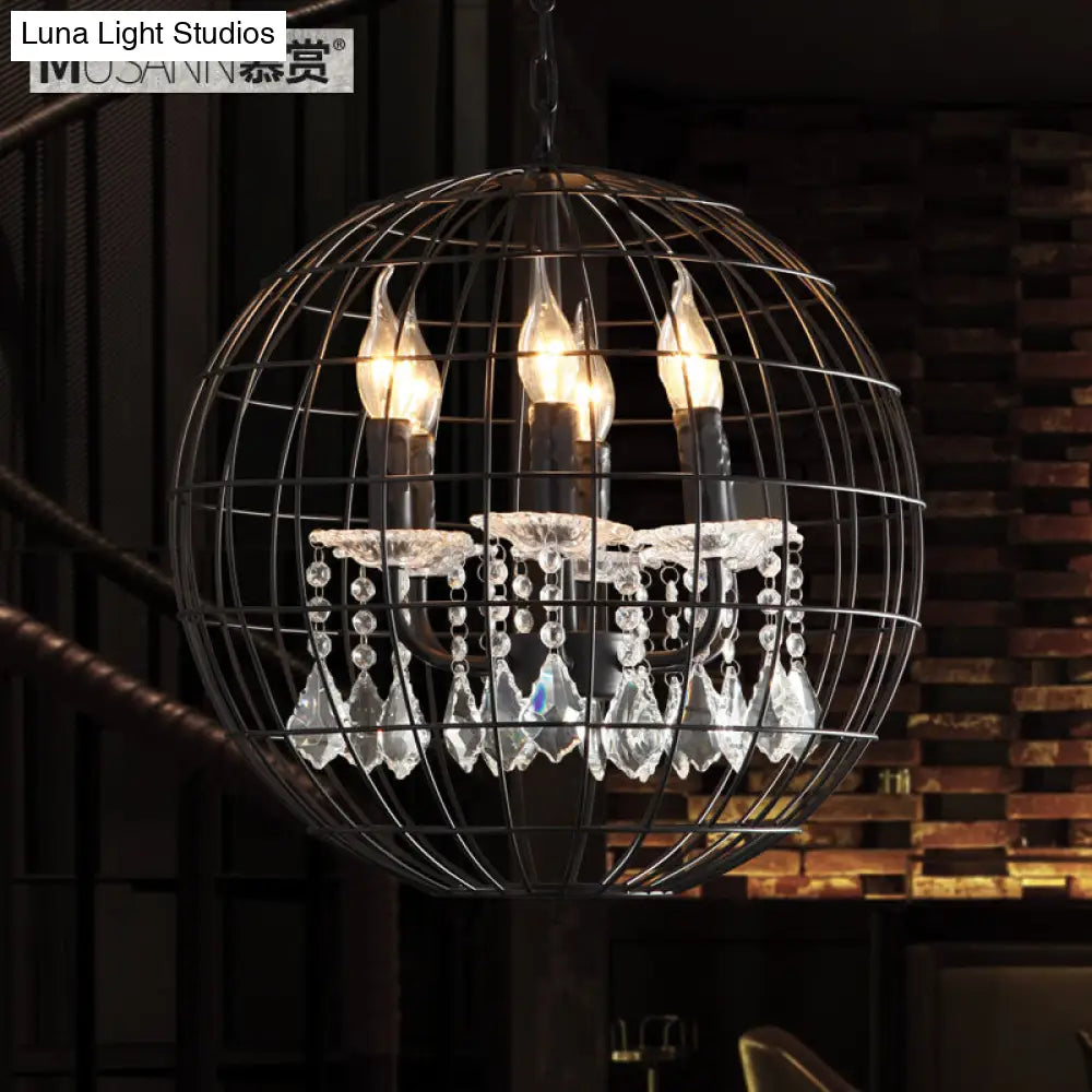 Rustic Spherical Wire Cage Iron Pendant Chandelier with Crystal Drops in Black- Perfect for Restaurants