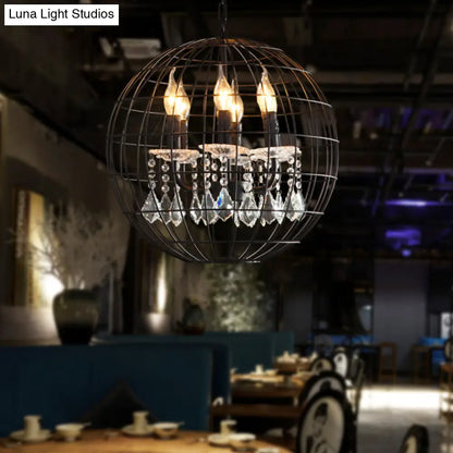 Rustic Spherical Wire Cage Iron Pendant Chandelier with Crystal Drops in Black- Perfect for Restaurants