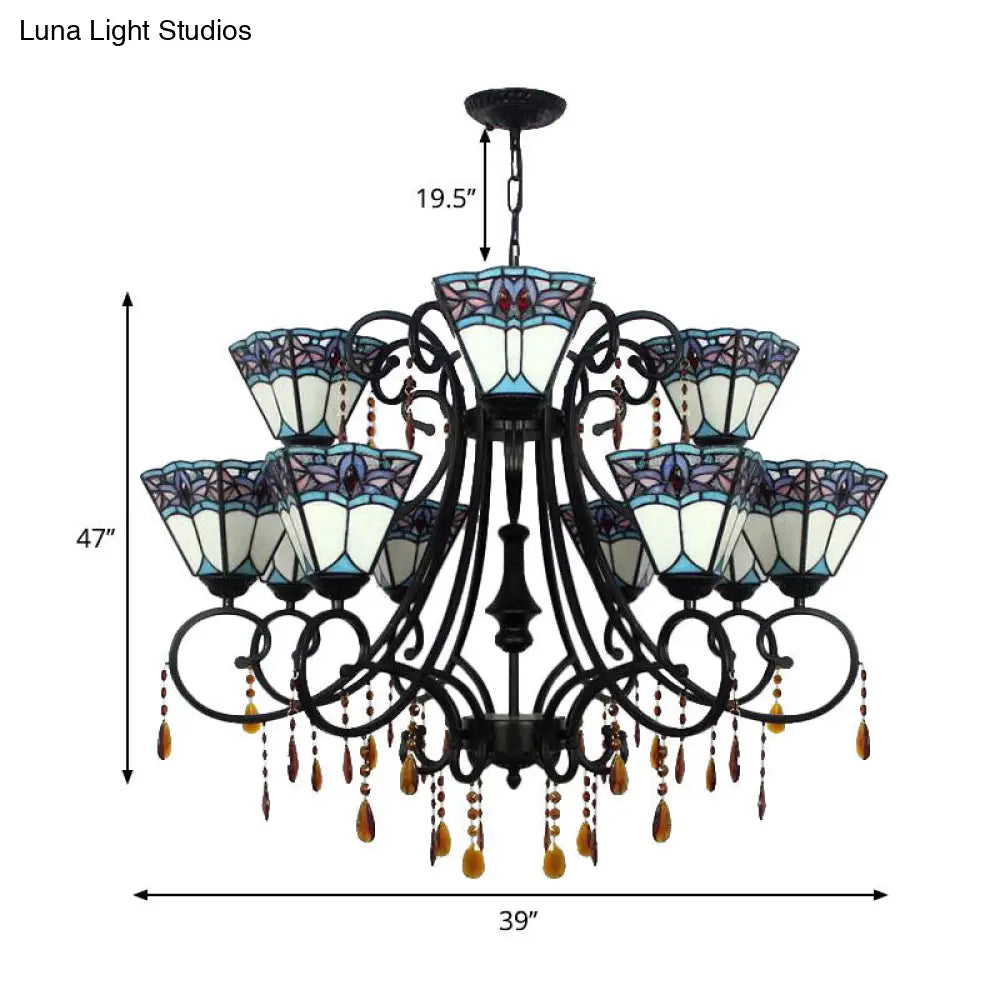 Rustic Stained Glass 11-Light Chandelier with Crystal for Stairway