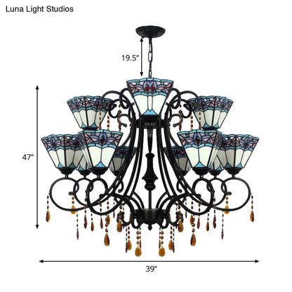 Rustic Stained Glass 11-Light Chandelier with Crystal for Stairway