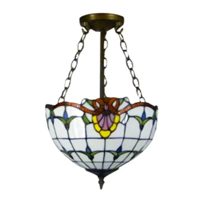 Rustic Stained Glass Bowl Shape Semi Flush Light with White Tulip Semi Flush Mount - 1 Light