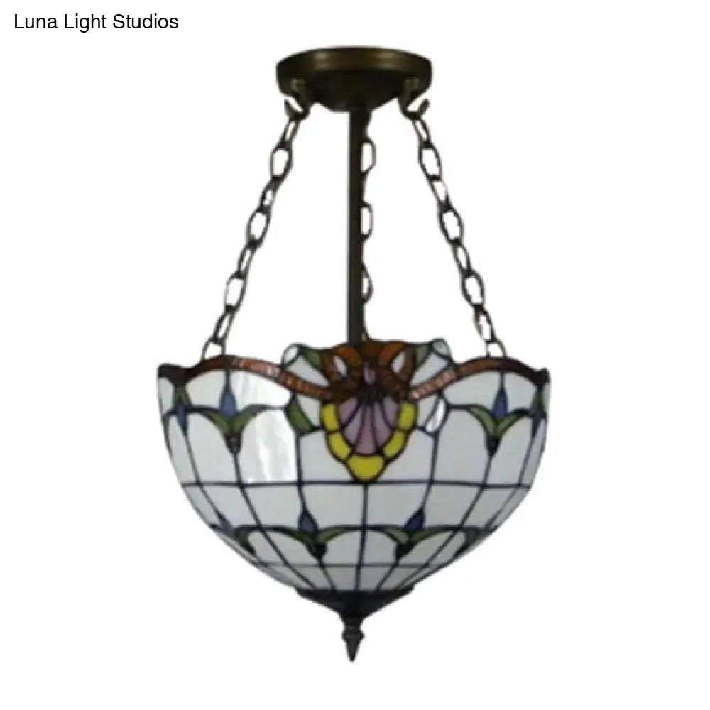 Rustic Stained Glass Bowl Shape Semi Flush Light with White Tulip Semi Flush Mount - 1 Light