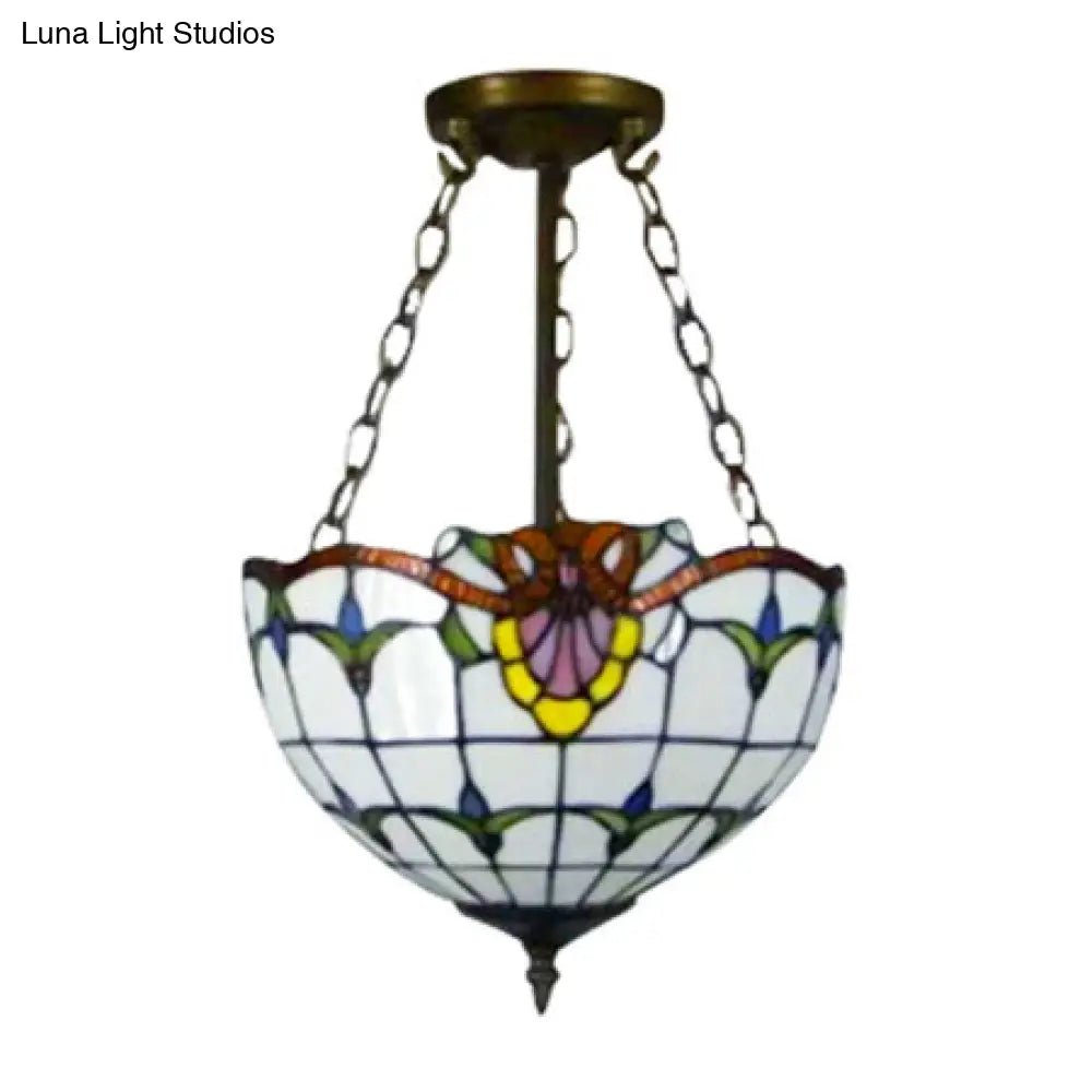 Rustic Stained Glass Bowl Shape Semi Flush Light with White Tulip Semi Flush Mount - 1 Light