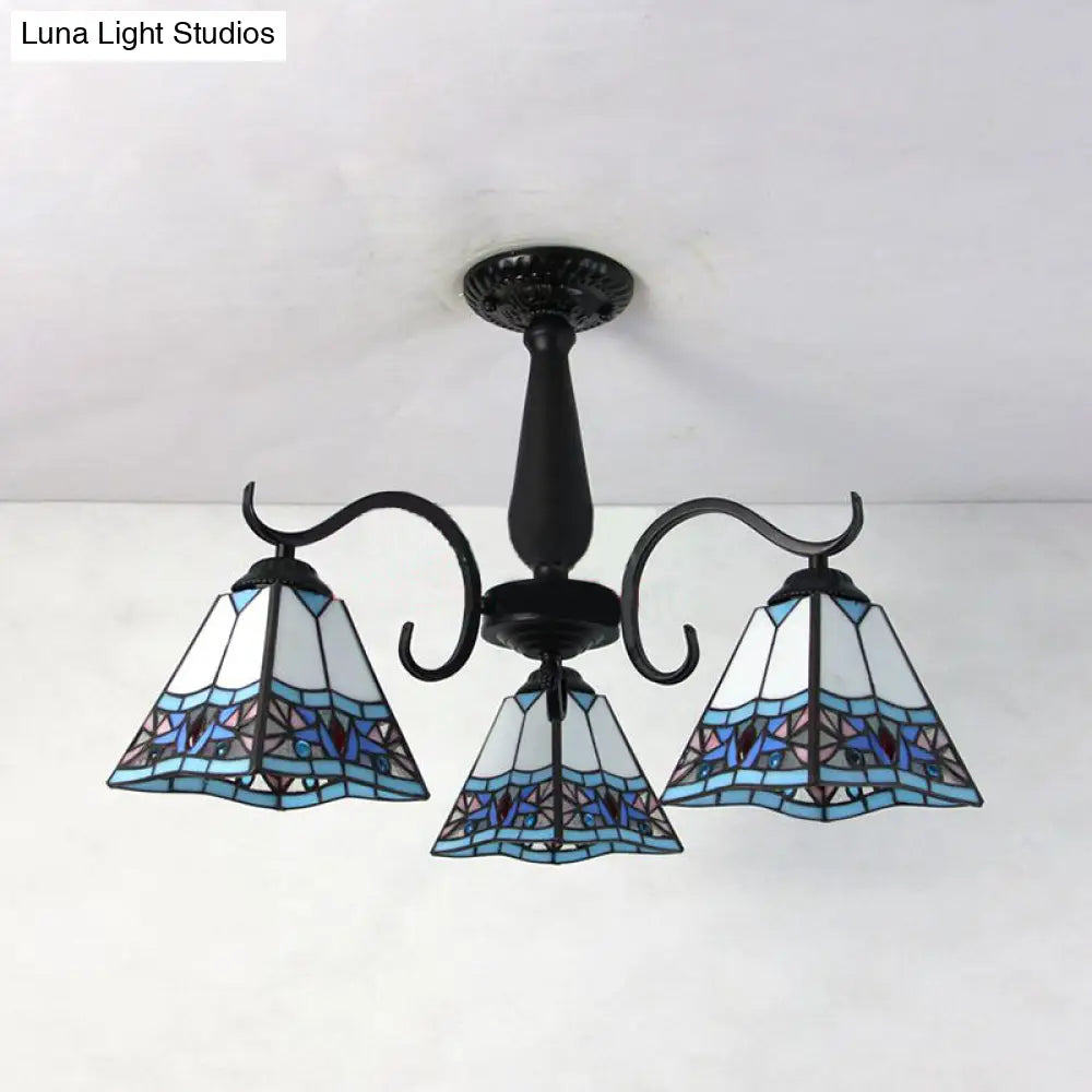 DecorBites™ DecorBites™ Rustic Stained Glass Ceiling Light Fixture with Geometric Semi Flush Design – 3 Heads Magnolia/Mediterranean/Elk/Wire Mesh Pattern – Ideal for Bedrooms