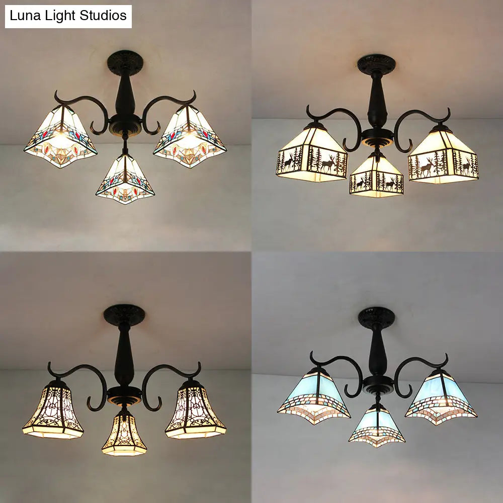 DecorBites™ DecorBites™ Rustic Stained Glass Ceiling Light Fixture with Geometric Semi Flush Design – 3 Heads Magnolia/Mediterranean/Elk/Wire Mesh Pattern – Ideal for Bedrooms