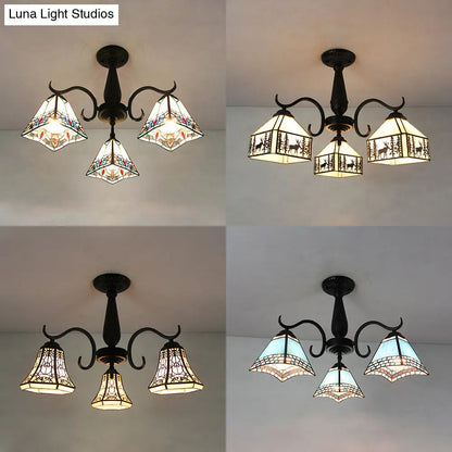 DecorBites™ DecorBites™ Rustic Stained Glass Ceiling Light Fixture with Geometric Semi Flush Design – 3 Heads Magnolia/Mediterranean/Elk/Wire Mesh Pattern – Ideal for Bedrooms