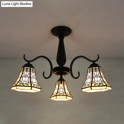 DecorBites™ DecorBites™ Rustic Stained Glass Ceiling Light Fixture with Geometric Semi Flush Design – 3 Heads Magnolia/Mediterranean/Elk/Wire Mesh Pattern – Ideal for Bedrooms