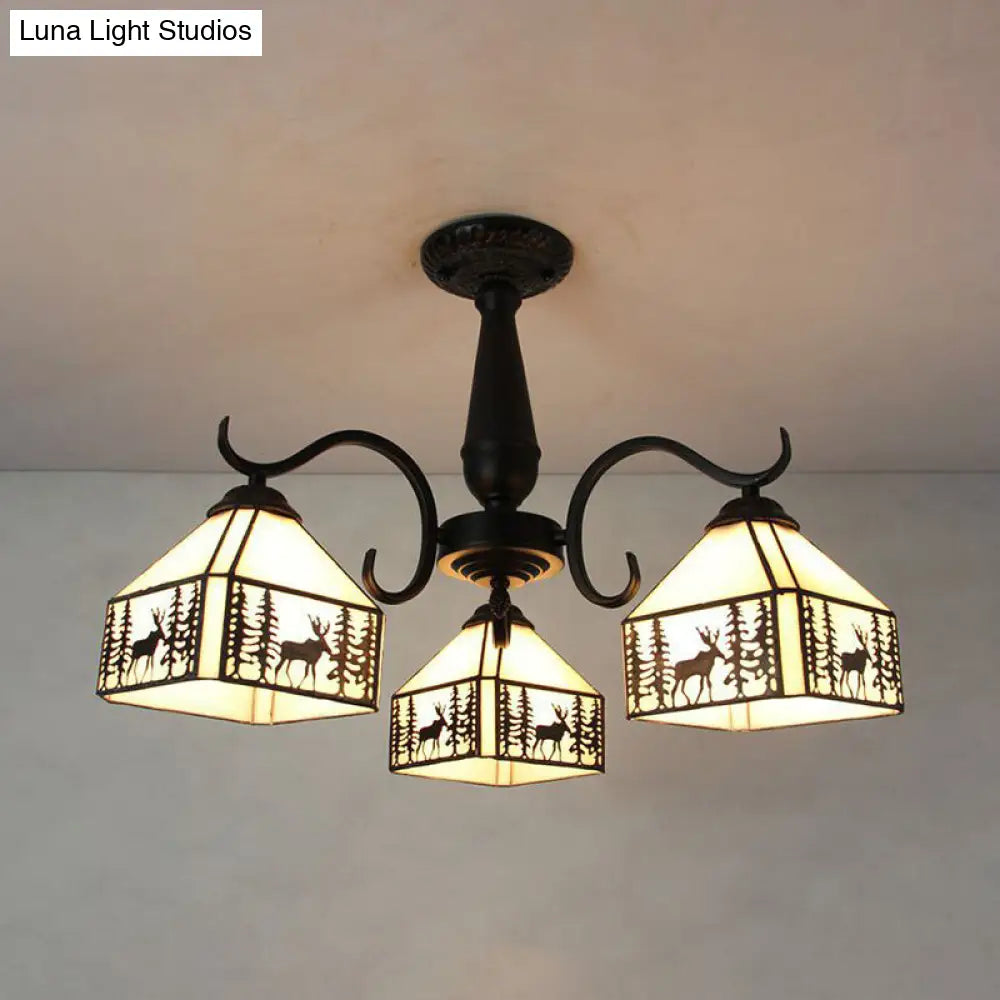 DecorBites™ DecorBites™ Rustic Stained Glass Ceiling Light Fixture with Geometric Semi Flush Design – 3 Heads Magnolia/Mediterranean/Elk/Wire Mesh Pattern – Ideal for Bedrooms