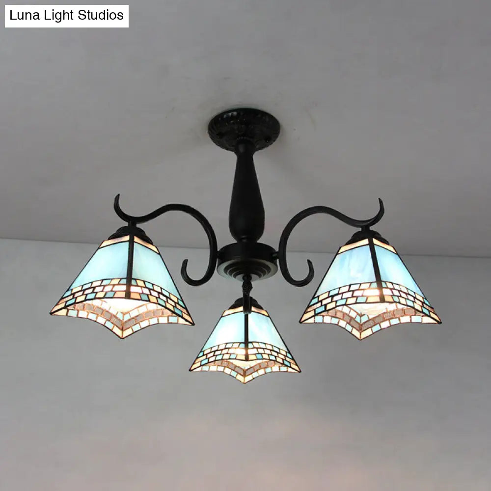 DecorBites™ DecorBites™ Rustic Stained Glass Ceiling Light Fixture with Geometric Semi Flush Design – 3 Heads Magnolia/Mediterranean/Elk/Wire Mesh Pattern – Ideal for Bedrooms
