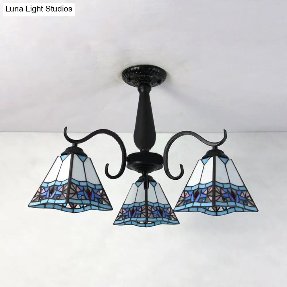 DecorBites™ DecorBites™ Rustic Stained Glass Ceiling Light Fixture with Geometric Semi Flush Design – 3 Heads Magnolia/Mediterranean/Elk/Wire Mesh Pattern – Ideal for Bedrooms