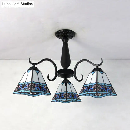 DecorBites™ DecorBites™ Rustic Stained Glass Ceiling Light Fixture with Geometric Semi Flush Design – 3 Heads Magnolia/Mediterranean/Elk/Wire Mesh Pattern – Ideal for Bedrooms