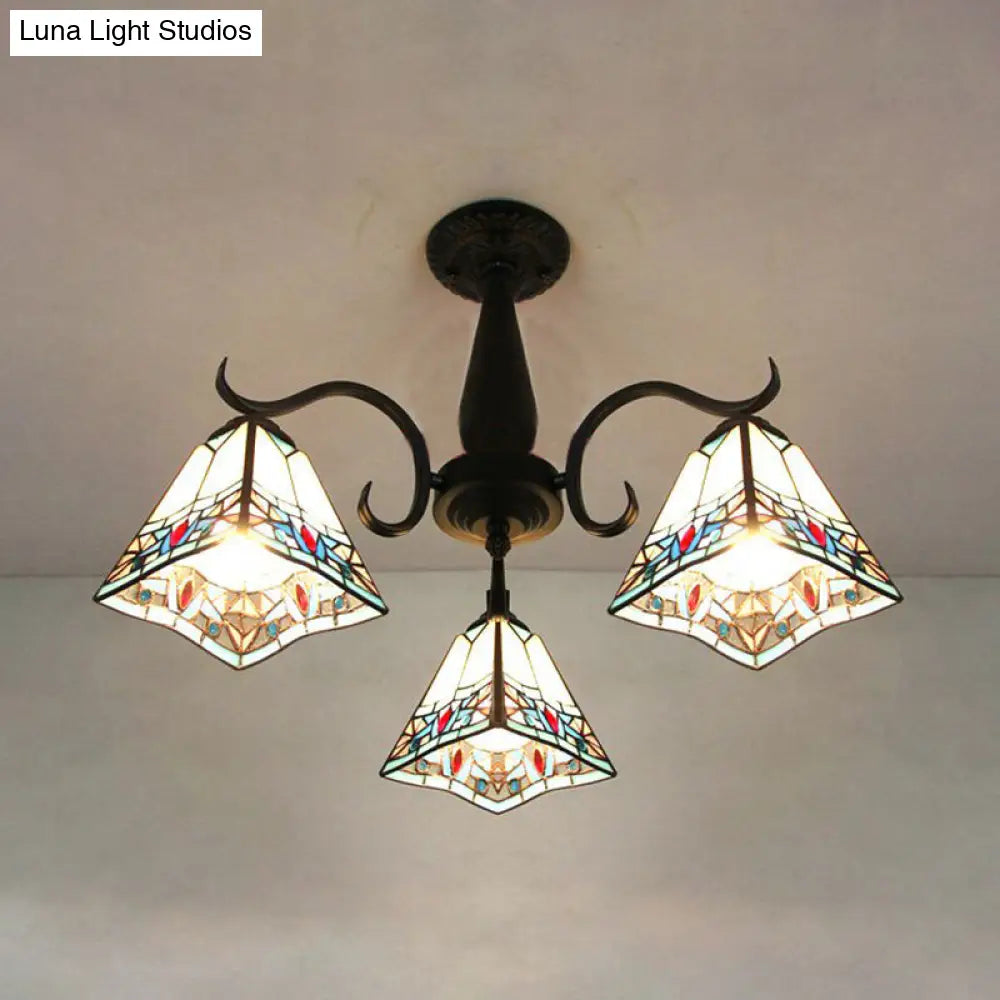 DecorBites™ DecorBites™ Rustic Stained Glass Ceiling Light Fixture with Geometric Semi Flush Design – 3 Heads Magnolia/Mediterranean/Elk/Wire Mesh Pattern – Ideal for Bedrooms