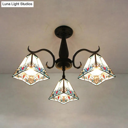 DecorBites™ DecorBites™ Rustic Stained Glass Ceiling Light Fixture with Geometric Semi Flush Design – 3 Heads Magnolia/Mediterranean/Elk/Wire Mesh Pattern – Ideal for Bedrooms