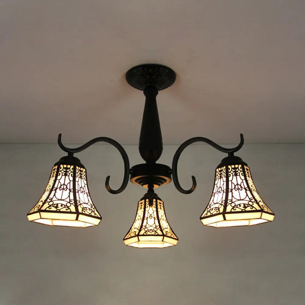 DecorBites™ DecorBites™ Rustic Stained Glass Ceiling Light Fixture with Geometric Semi Flush Design – 3 Heads Magnolia/Mediterranean/Elk/Wire Mesh Pattern – Ideal for Bedrooms