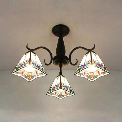 DecorBites™ DecorBites™ Rustic Stained Glass Ceiling Light Fixture with Geometric Semi Flush Design – 3 Heads Magnolia/Mediterranean/Elk/Wire Mesh Pattern – Ideal for Bedrooms