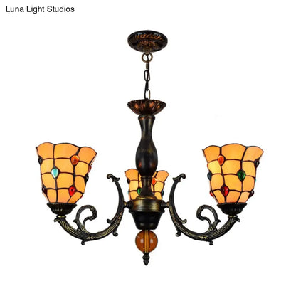 Rustic Stained Glass Chandelier with 3 Heads, Jewel Pattern, and Yellow Glass Pendant