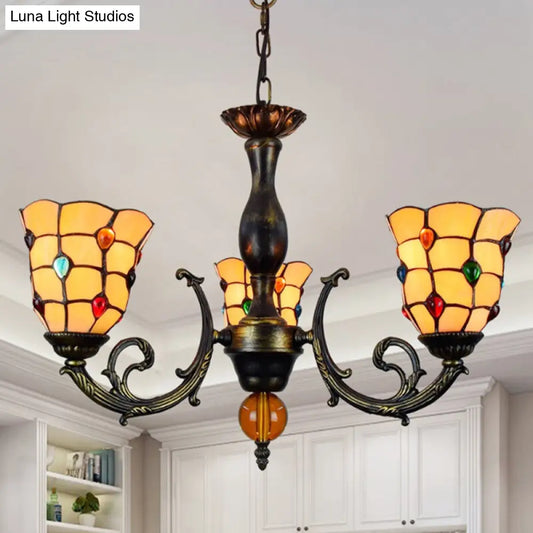Rustic Stained Glass Chandelier with 3 Heads, Jewel Pattern, and Yellow Glass Pendant