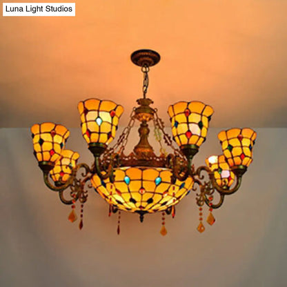 Rustic Stained Glass Chandelier with 8 Arms and Center Bowl, Yellow for Villas