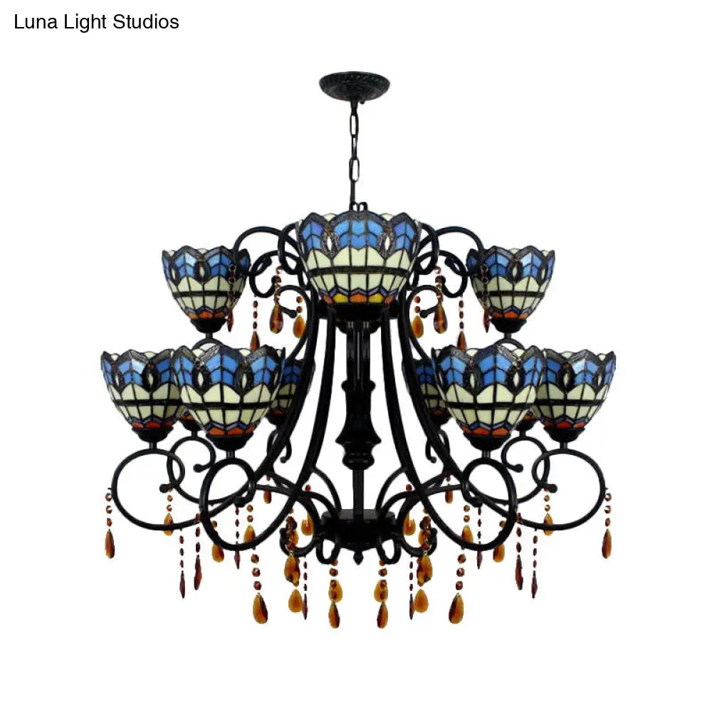 Rustic Stained Glass Chandelier with Crystal Accents – Bowl-Shaped Hanging Light, Blue, 11 Lights – Ideal for Dining Room