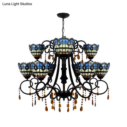 Rustic Stained Glass Chandelier with Crystal Accents – Bowl-Shaped Hanging Light, Blue, 11 Lights – Ideal for Dining Room
