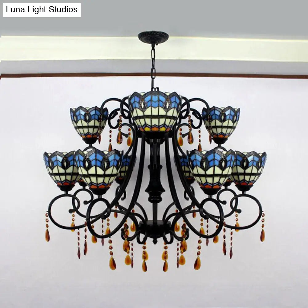 Rustic Stained Glass Chandelier with Crystal Accents – Bowl-Shaped Hanging Light, Blue, 11 Lights – Ideal for Dining Room