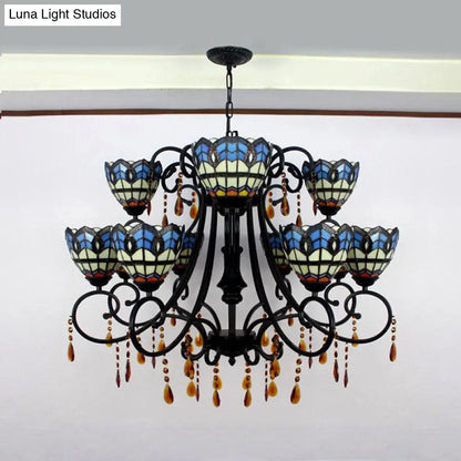 Rustic Stained Glass Chandelier with Crystal Accents – Bowl-Shaped Hanging Light, Blue, 11 Lights – Ideal for Dining Room