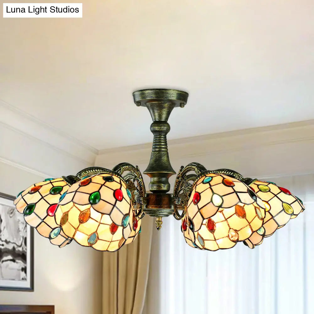 Rustic Stained Glass Chandelier with Multi-Light Suspension & Bronze Accents