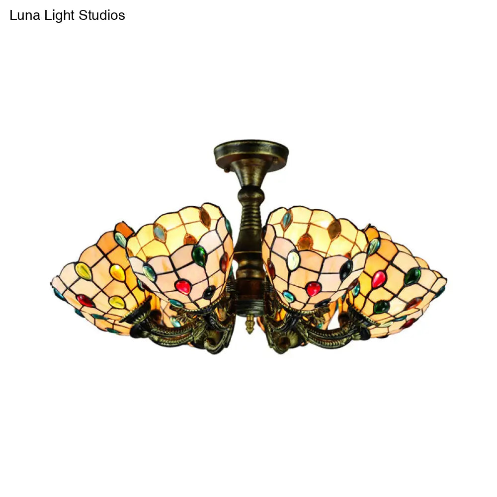 Rustic Stained Glass Chandelier with Multi-Light Suspension & Bronze Accents