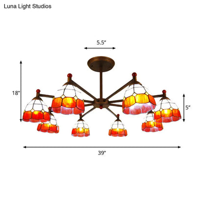 Rustic Stained Glass Dome Hanging Pendant Chandelier Light - 8 Lights - Red/Blue/Yellow – Bedroom Lighting