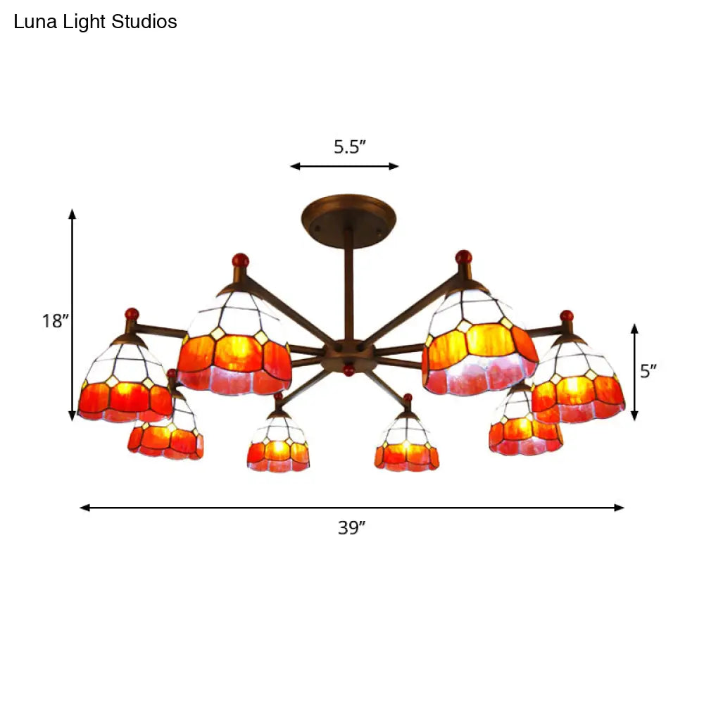 Rustic Stained Glass Dome Hanging Pendant Chandelier Light - 8 Lights - Red/Blue/Yellow – Bedroom Lighting
